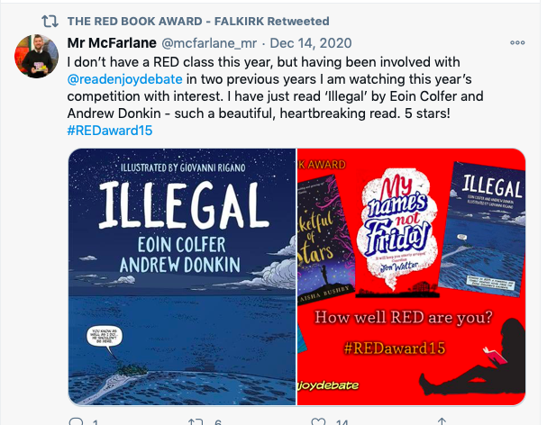 Tweet from a lovely teacher who enjoyed our graphic novel, ILLEGAL.